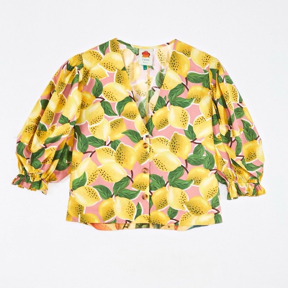 FARM Rio Tops - FARM RIO FRESH LEMONS PUFF SLEEVE SHIRT yellow green print balloon button up top